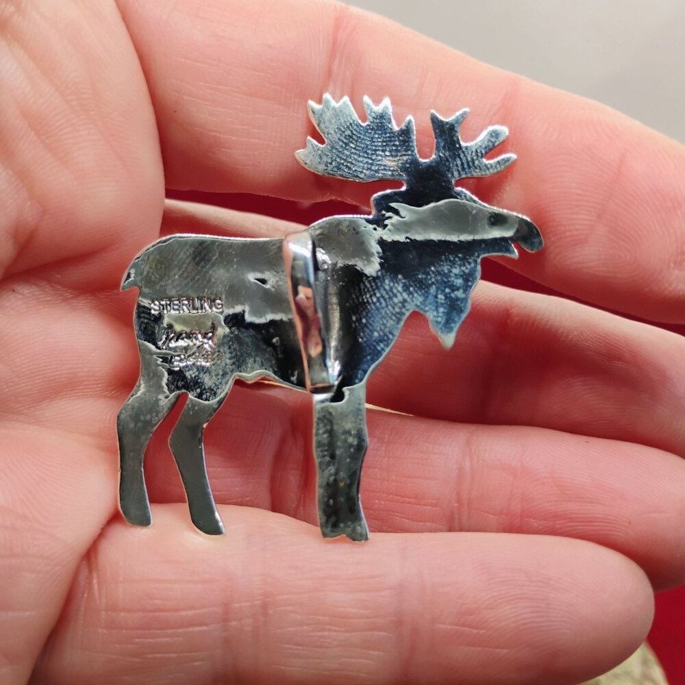 Sterling Silver Pink Conch Shell Moose Elk Pendant 2" Long - Picture 5 of 7